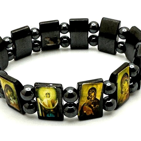 Hematite Iconic Saints Bracelet Prayer Religious Spiritual Stretch Devotional - Picture 1 of 7